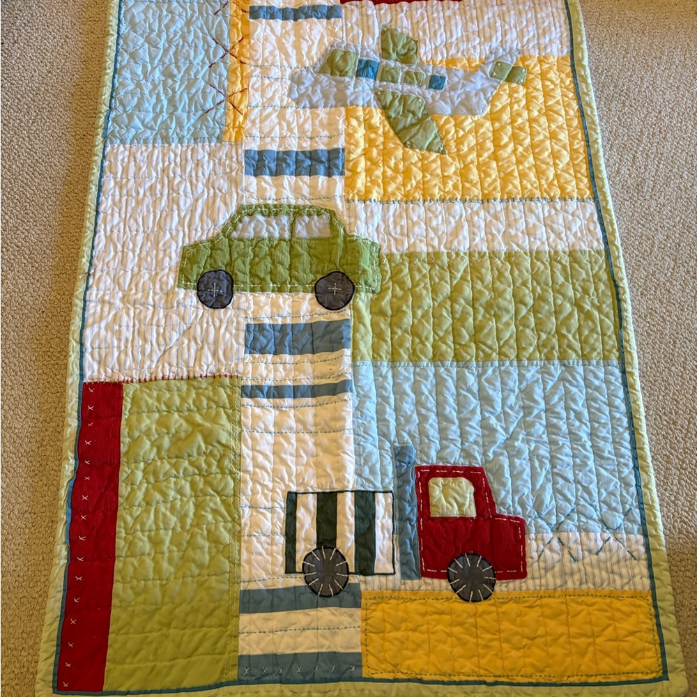 Pottery Barn Kids Colorful Patchwork Quilt with Cars, trucks and plane $169